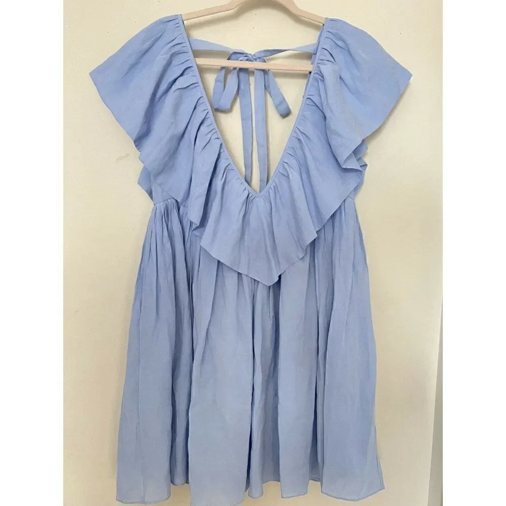 NWT FREE PEOPLE X KETEVANNA Sz M ANNA RUFFLE MINI DRESS IN BLUE